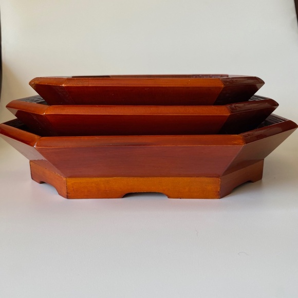 Korean Wooden Lacquer Serving Bowls Set of 3 Octagon Shaped Stackable Vintage - Picture 3 of 9
